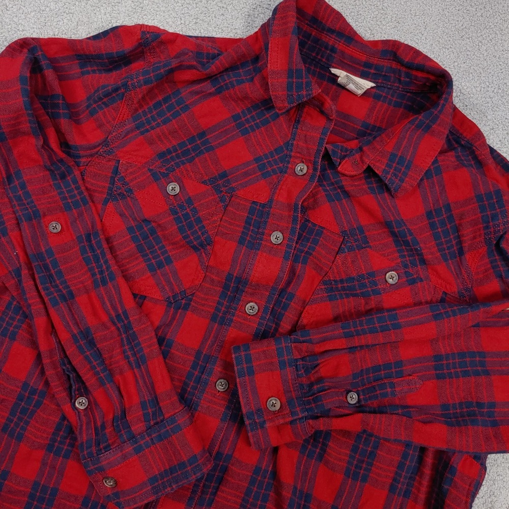 Duluth Trading Co Flannel Shirt - Mens XL Red Blue Plaid Long Sleeve Button Down